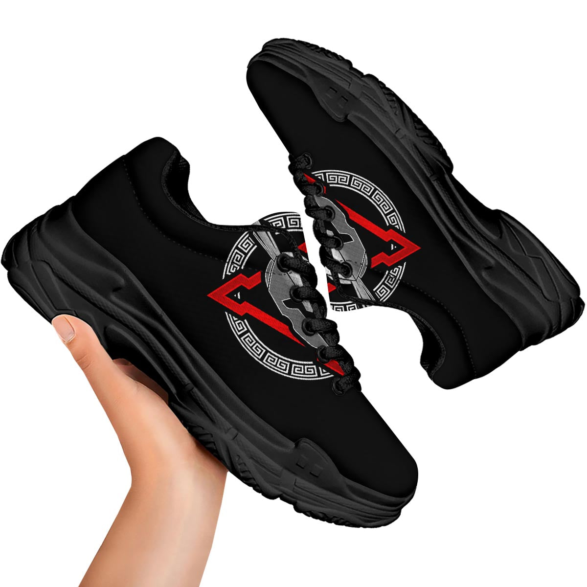 Spartan Red And White Print Black Chunky Shoes-grizzshop