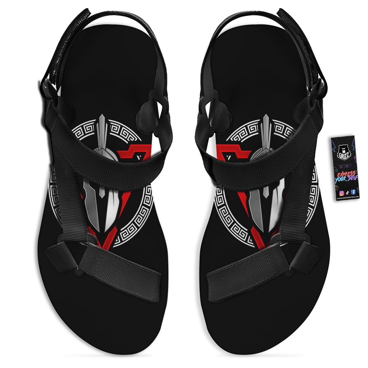 Spartan Red And White Print Black Open Toe Sandals-grizzshop
