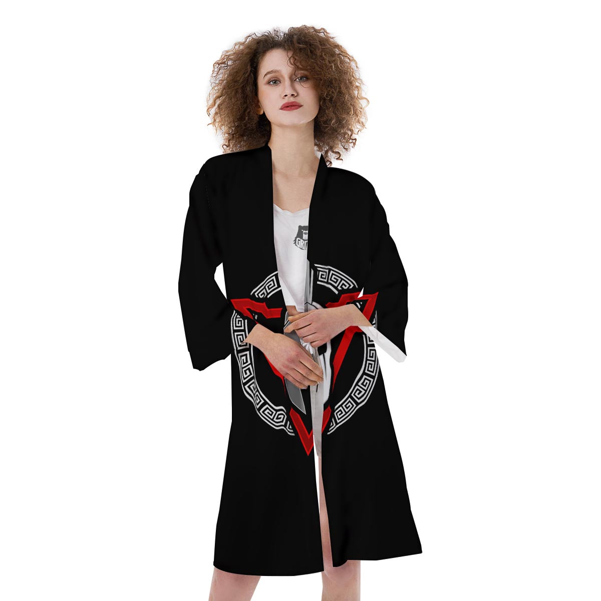 Spartan Red And White Print Kimono-grizzshop