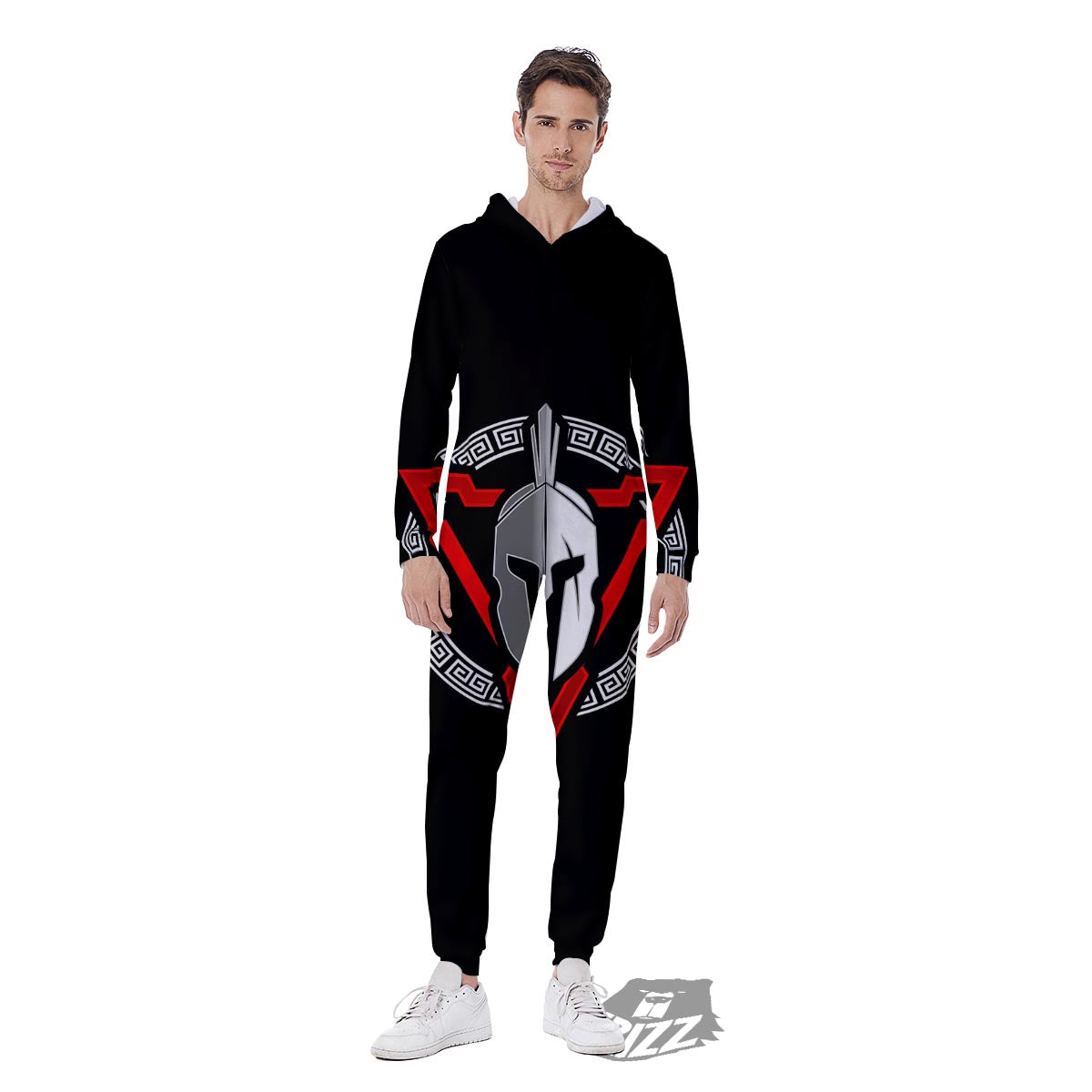 Spartan Red And White Print Men's Jumpsuit-grizzshop