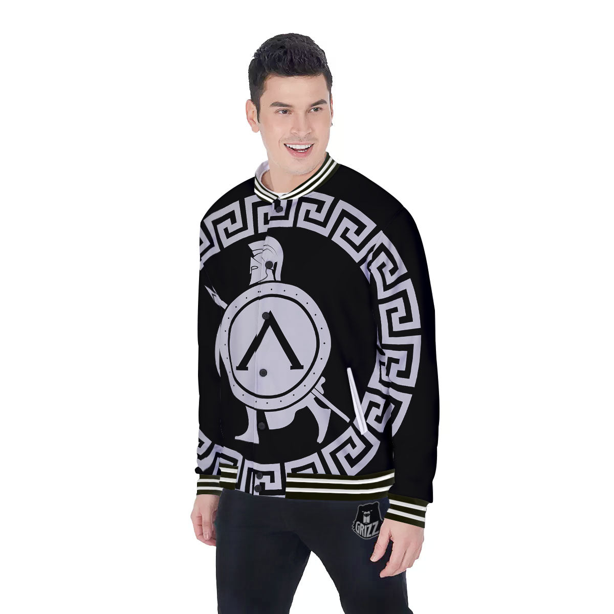 Spartan Warrior White And Black Print Baseball Jacket-grizzshop