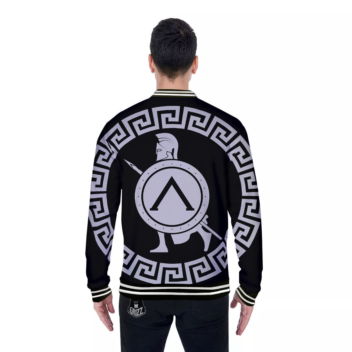 Spartan Warrior White And Black Print Baseball Jacket-grizzshop