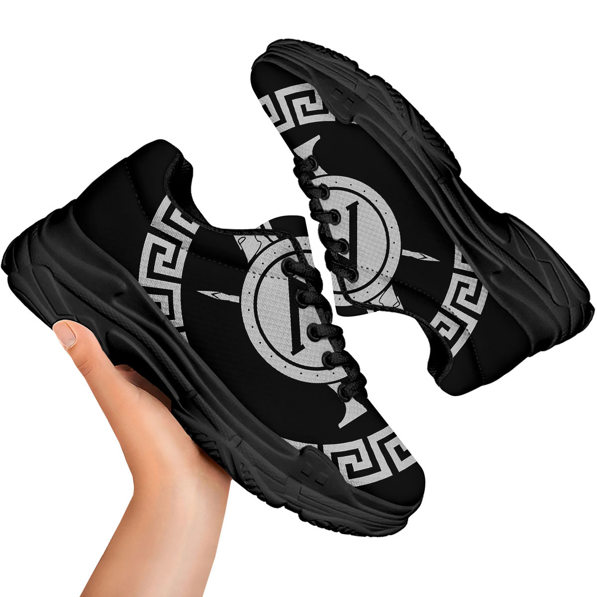 Spartan Warrior White And Black Print Black Chunky Shoes-grizzshop