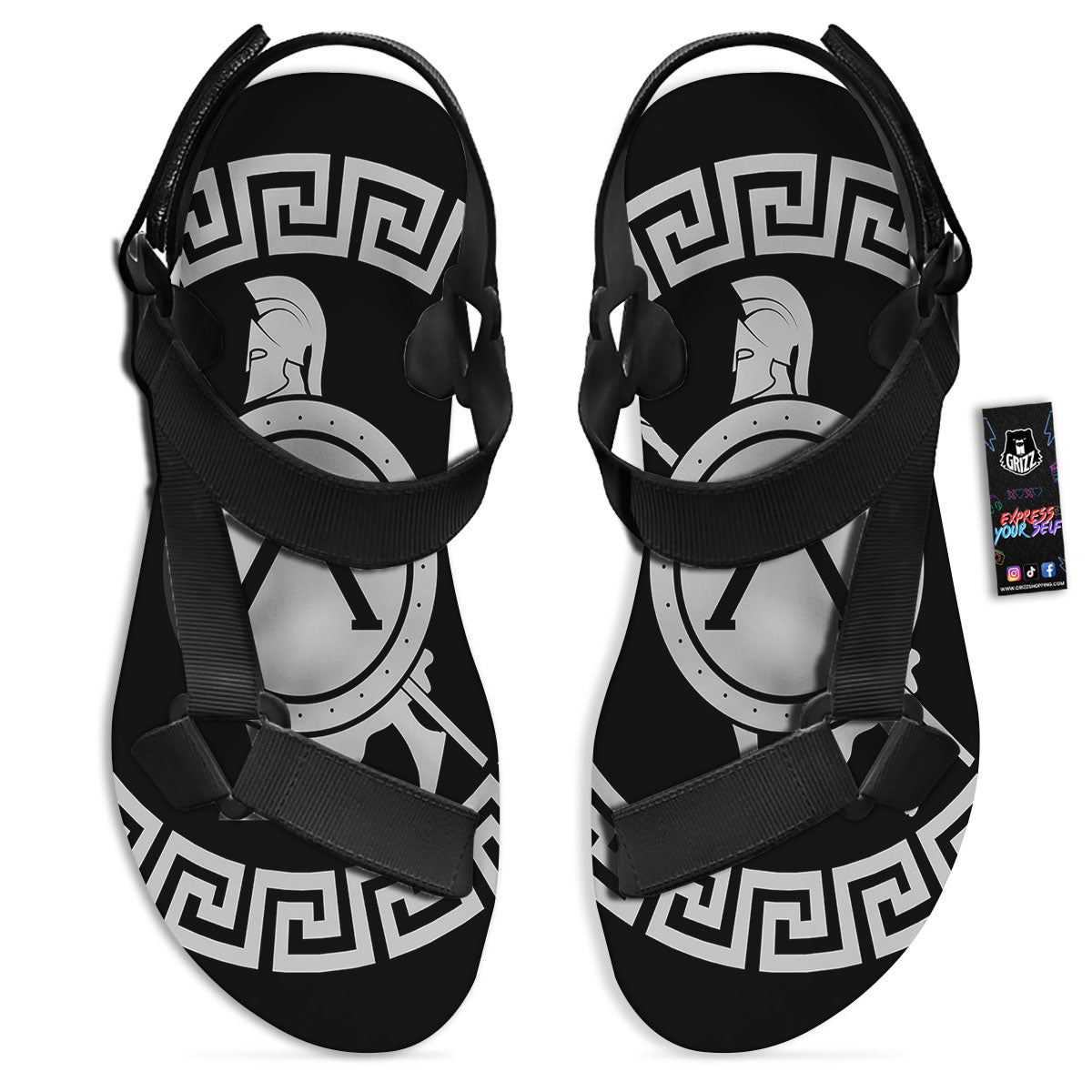 Spartan Warrior White And Black Print Black Open Toe Sandals-grizzshop
