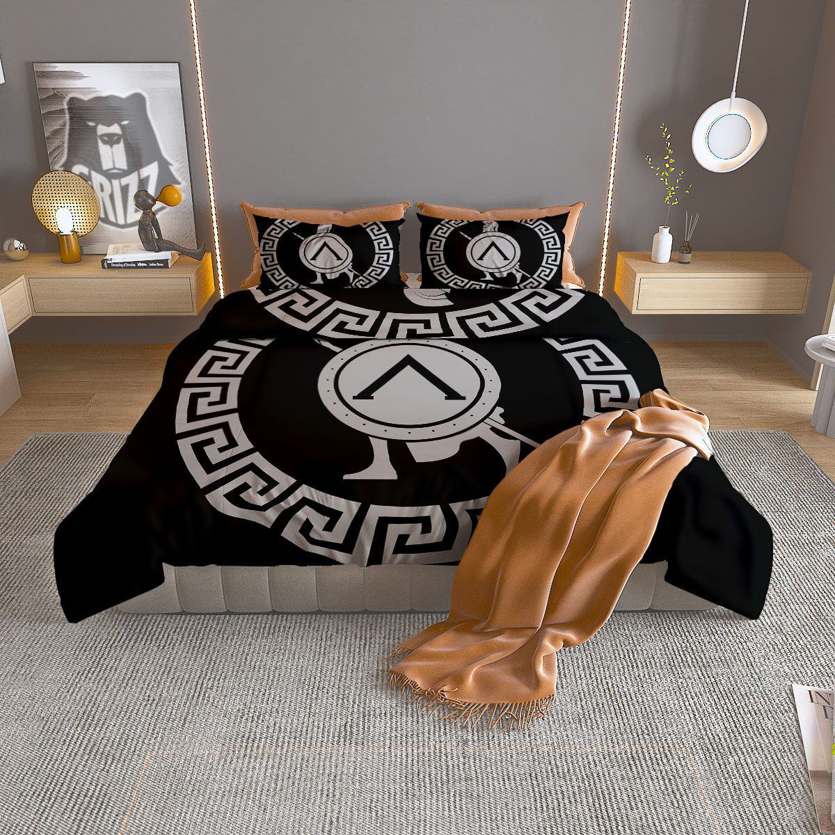 Spartan Warrior White And Black Print Duvet Cover Bedding Set