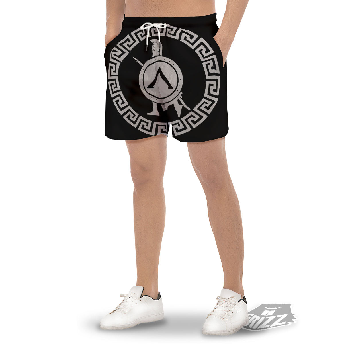 Spartan Warrior White And Black Print Men's Gym Shorts-grizzshop