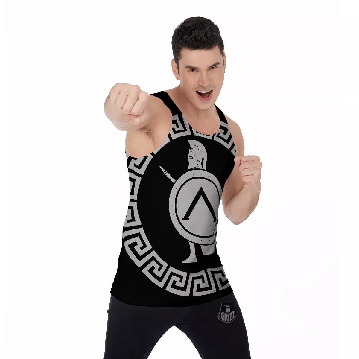 Spartan Warrior White And Black Print Men's Tank Top-grizzshop