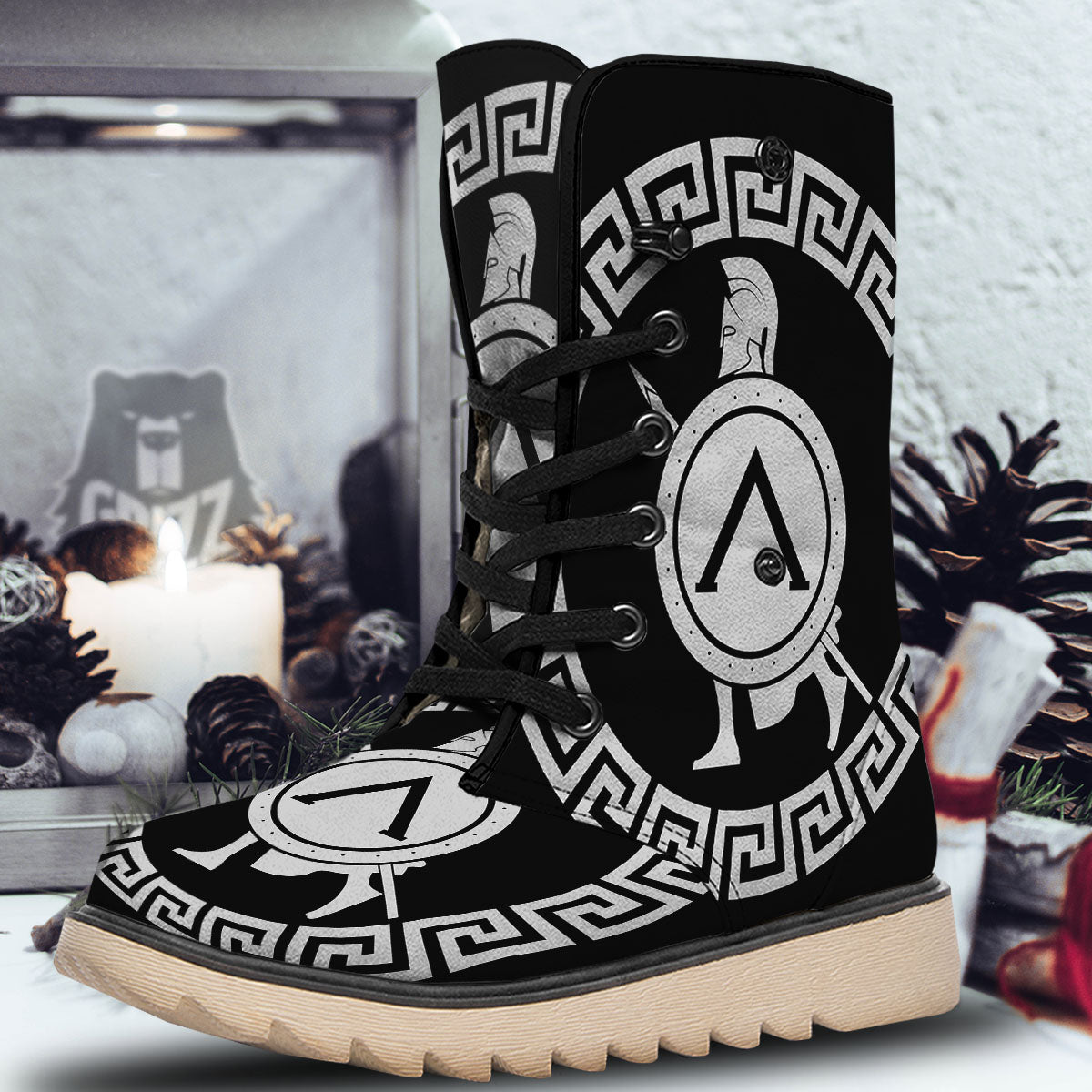 Spartan Warrior White And Black Print Snow Boots-grizzshop