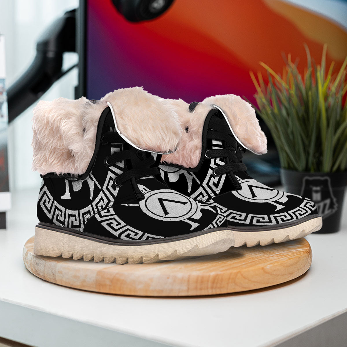 Spartan Warrior White And Black Print Snow Boots-grizzshop