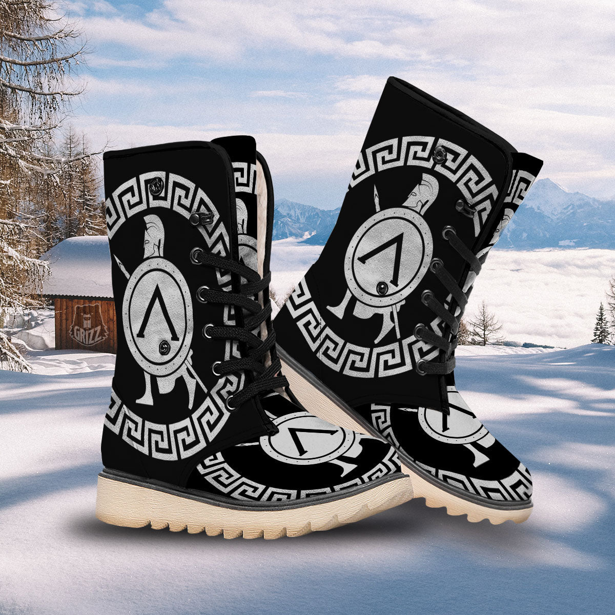 Spartan Warrior White And Black Print Snow Boots-grizzshop