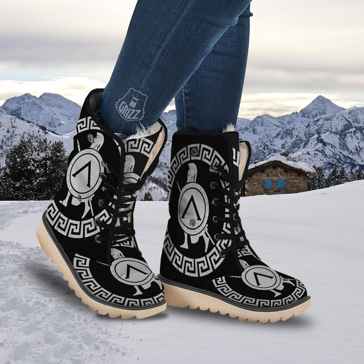 Spartan Warrior White And Black Print Snow Boots-grizzshop