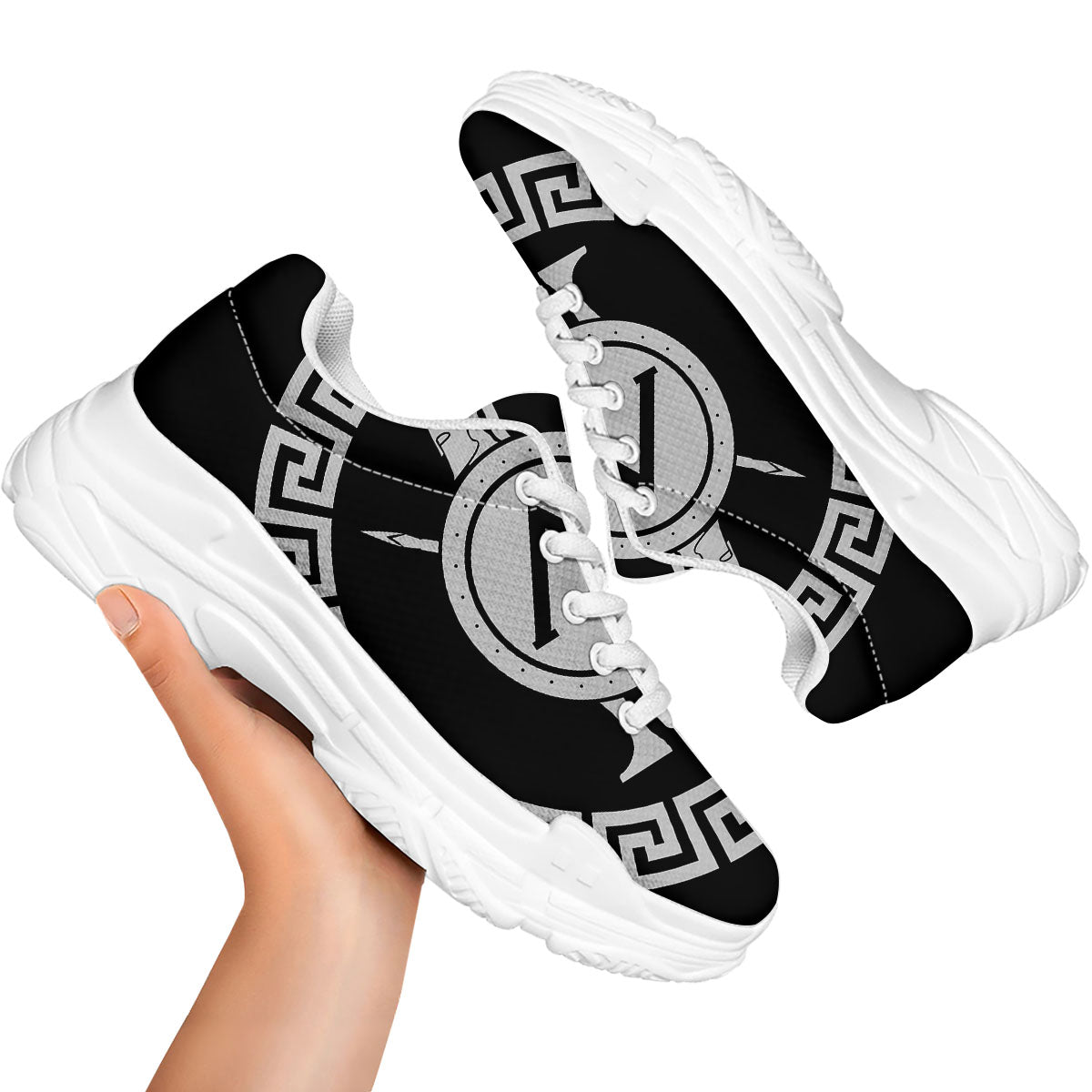 Spartan Warrior White And Black Print White Chunky Shoes-grizzshop