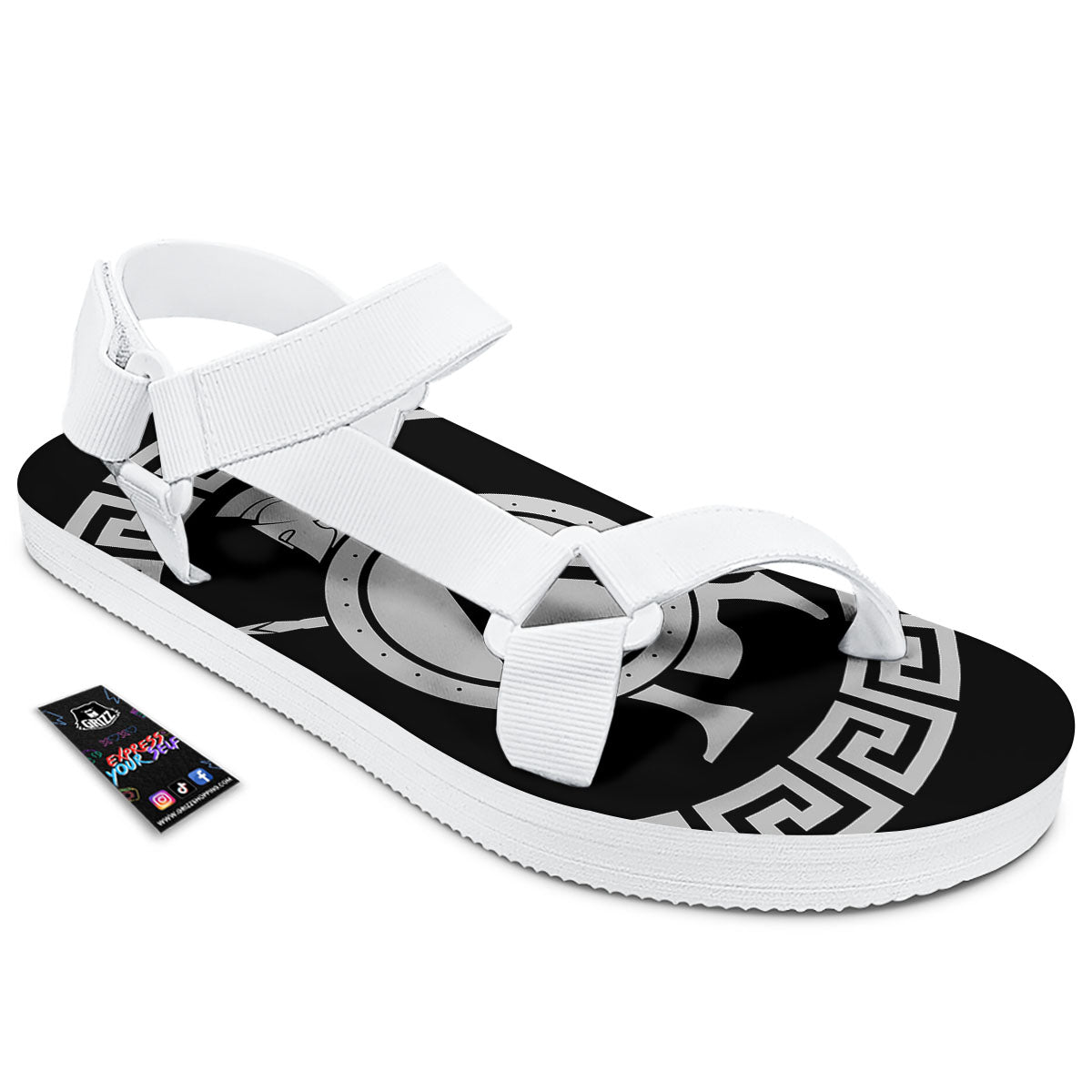 Spartan Warrior White And Black Print White Open Toe Sandals-grizzshop