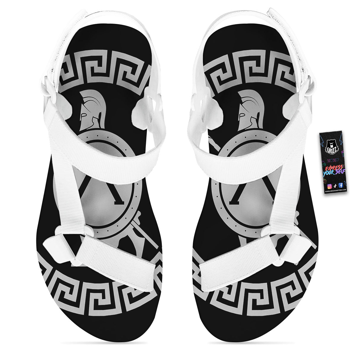 Spartan Warrior White And Black Print White Open Toe Sandals-grizzshop