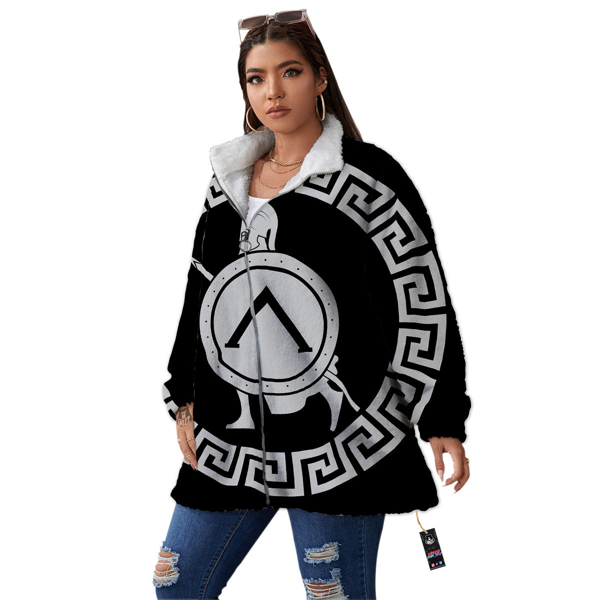 Spartan Warrior White And Black Print Women's Sherpa Jacket-grizzshop