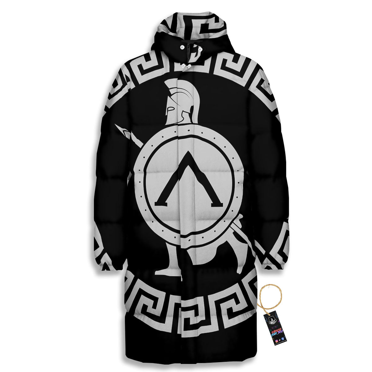Spartan Warrior White And Black Print Long Down Jacket