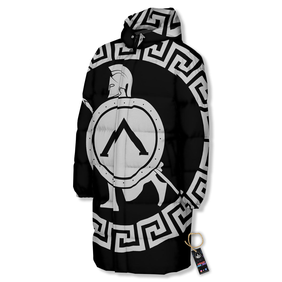 Spartan Warrior White And Black Print Long Down Jacket
