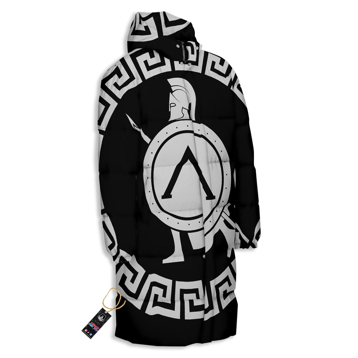 Spartan Warrior White And Black Print Long Down Jacket
