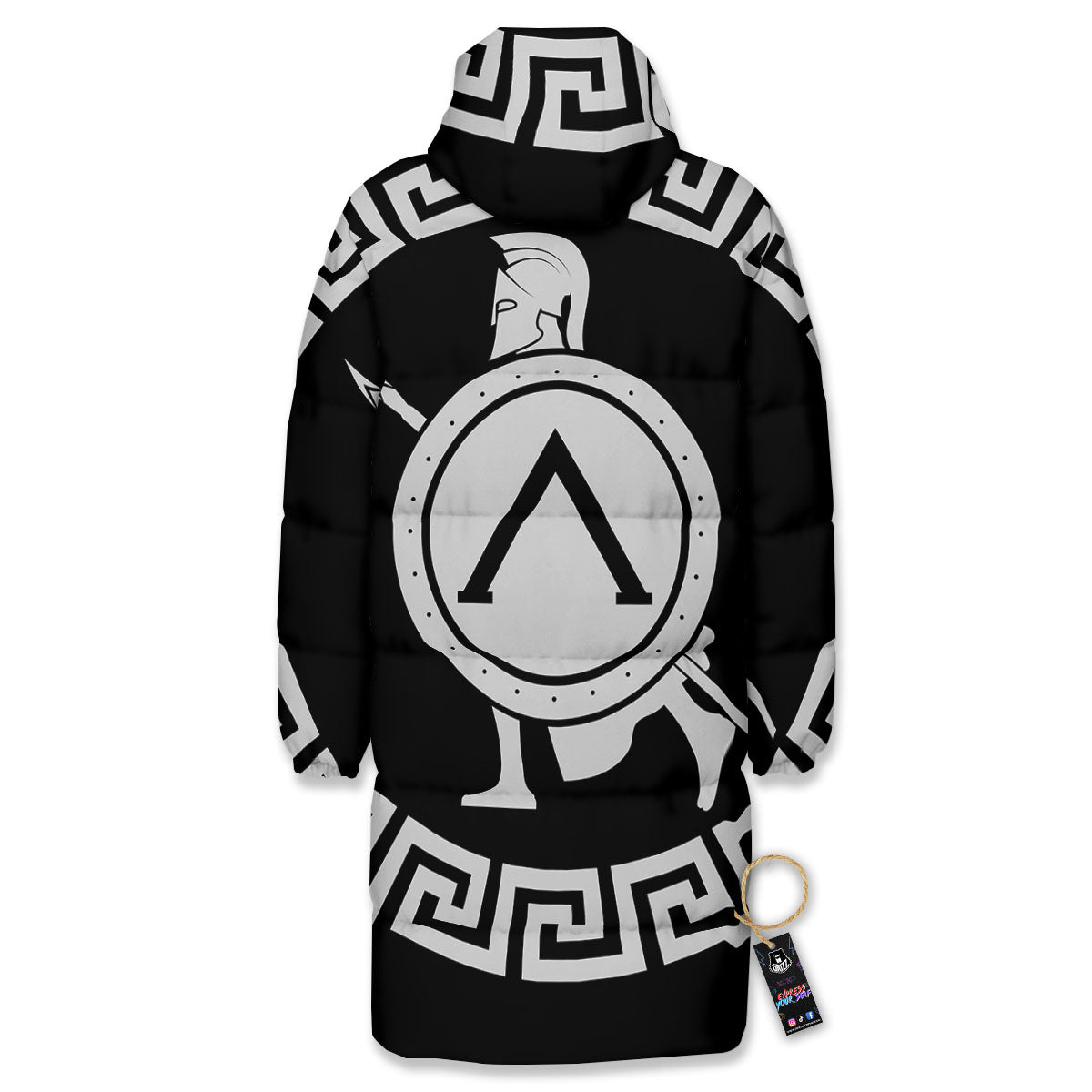 Spartan Warrior White And Black Print Long Down Jacket