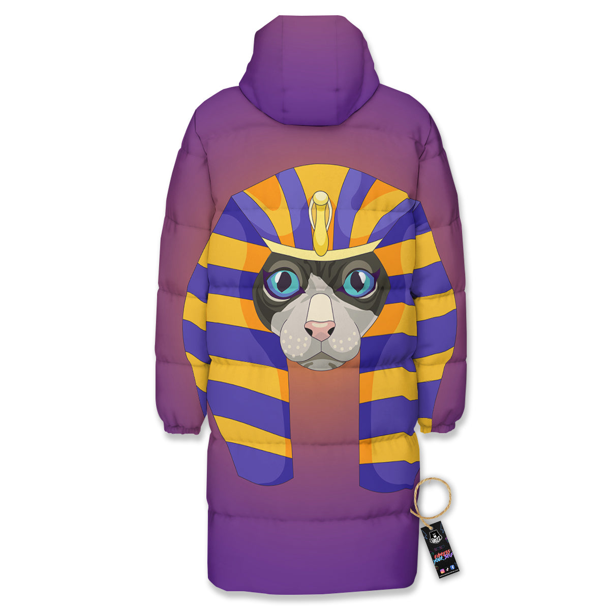 Sphynx Cat Pharaoh Print Long Down Jacket-grizzshop