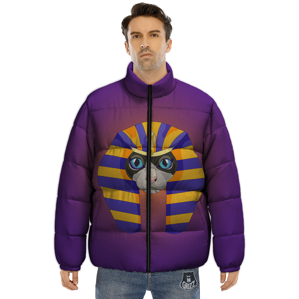 Sphynx Cat Pharaoh Print Puffer Jacket-grizzshop