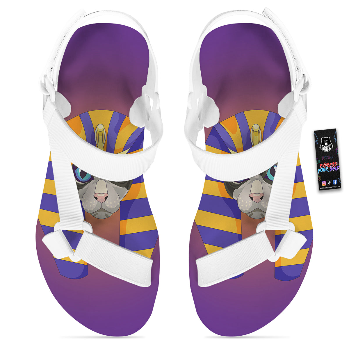 Sphynx Cat Pharaoh Print White Open Toe Sandals-grizzshop
