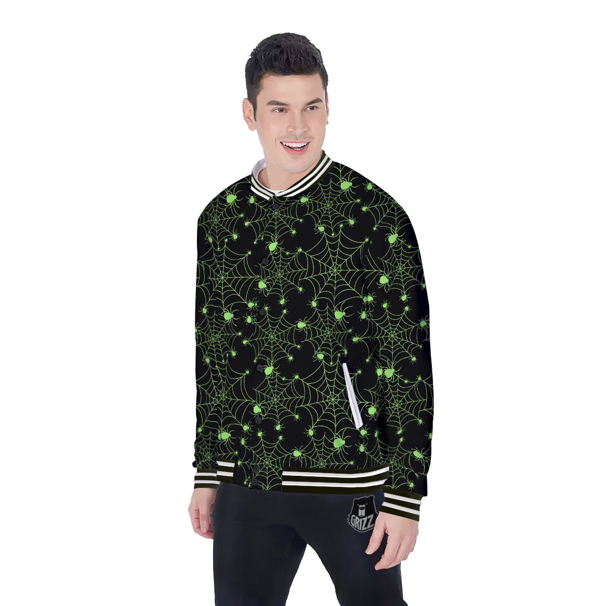 Spider Black And Green Neon Spider Web Print Pattern Baseball Jacket-grizzshop