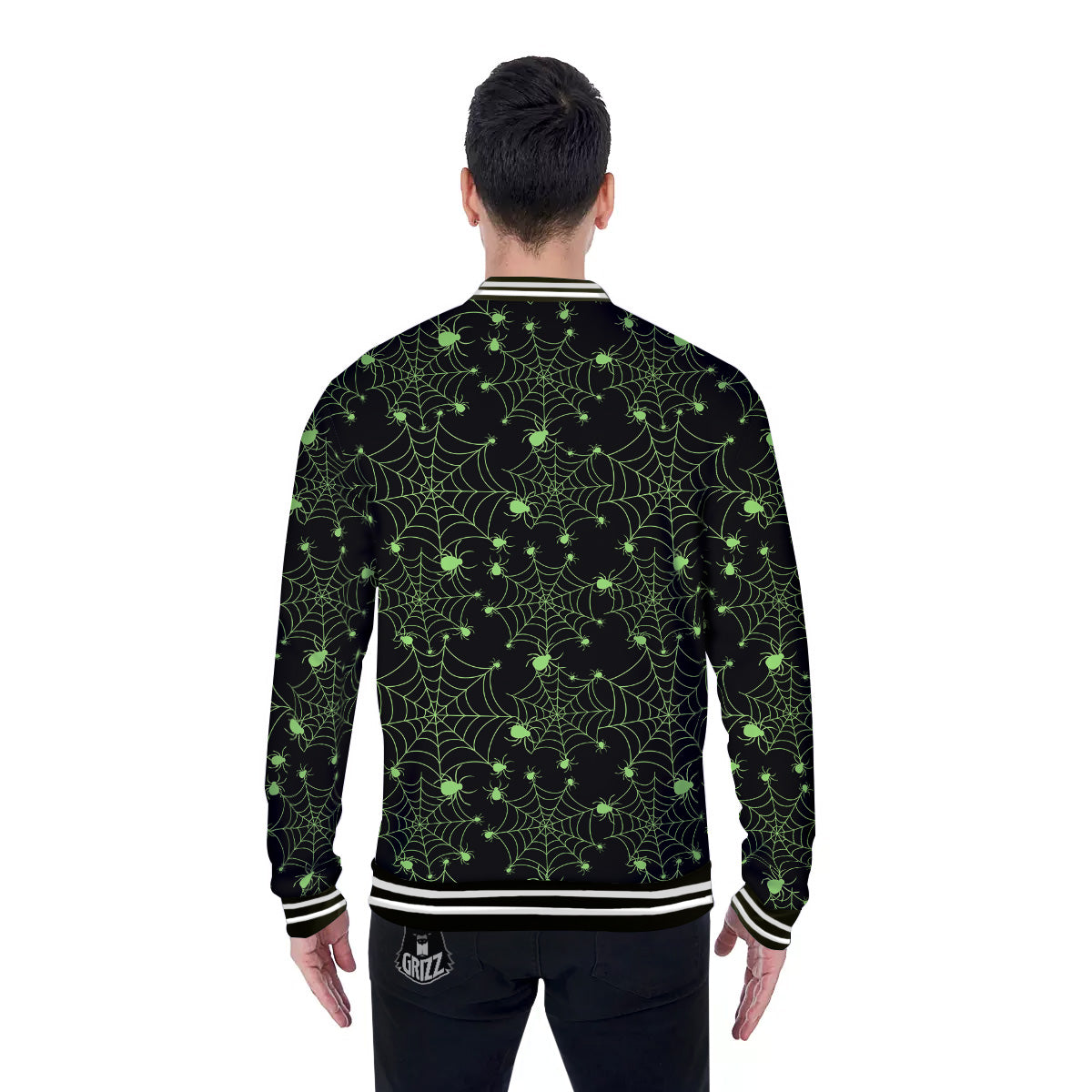 Spider Black And Green Neon Spider Web Print Pattern Baseball Jacket-grizzshop