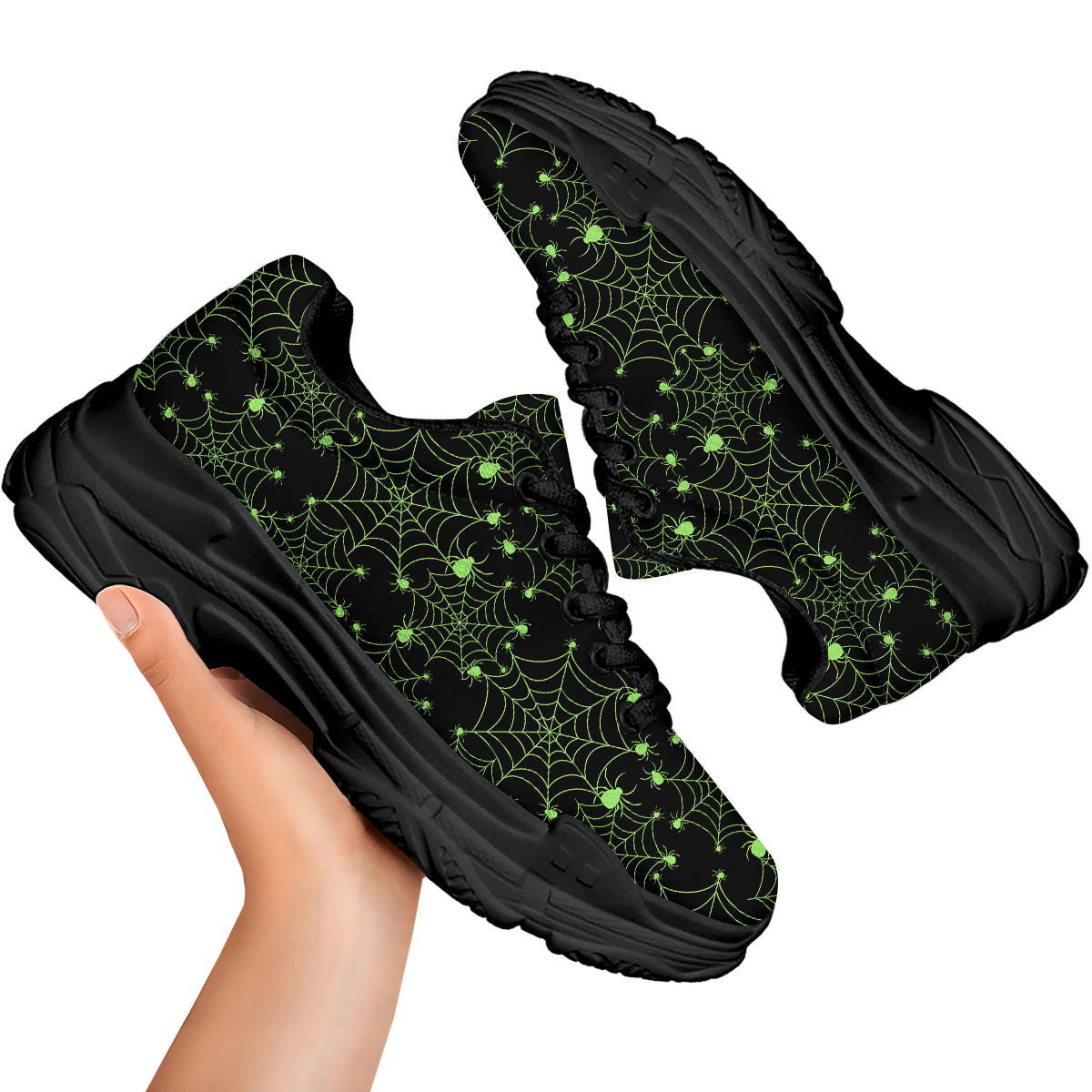 Spider Black And Green Neon Spider Web Print Pattern Black Chunky Shoes-grizzshop