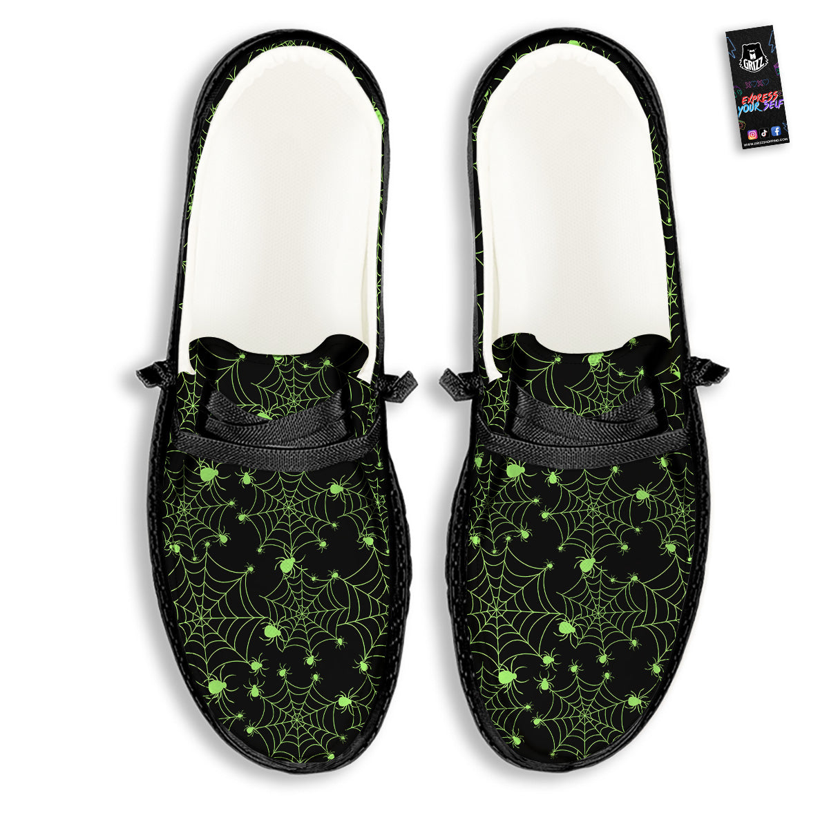 Spider Black And Green Neon Spider Web Print Pattern Black Loafers-grizzshop