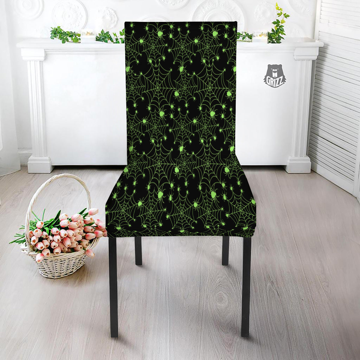 Spider Black And Green Neon Spider Web Print Pattern Dining Chair Slipcover-grizzshop