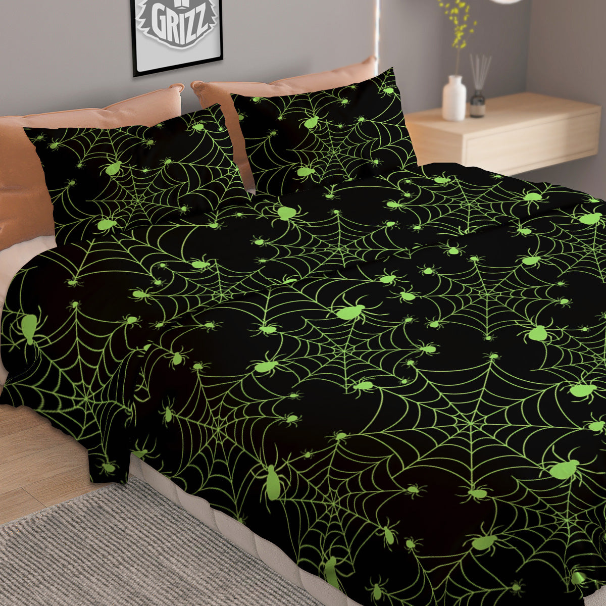 Spider Black And Green Neon Spider Web Print Pattern Duvet Cover Bedding Set