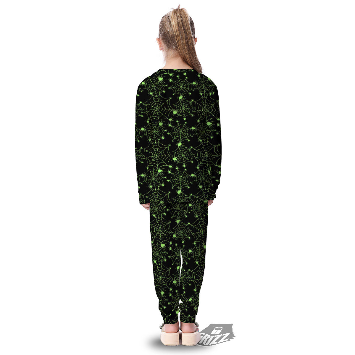 Spider Black And Green Neon Spider Web Print Pattern Kid's Pajamas-grizzshop