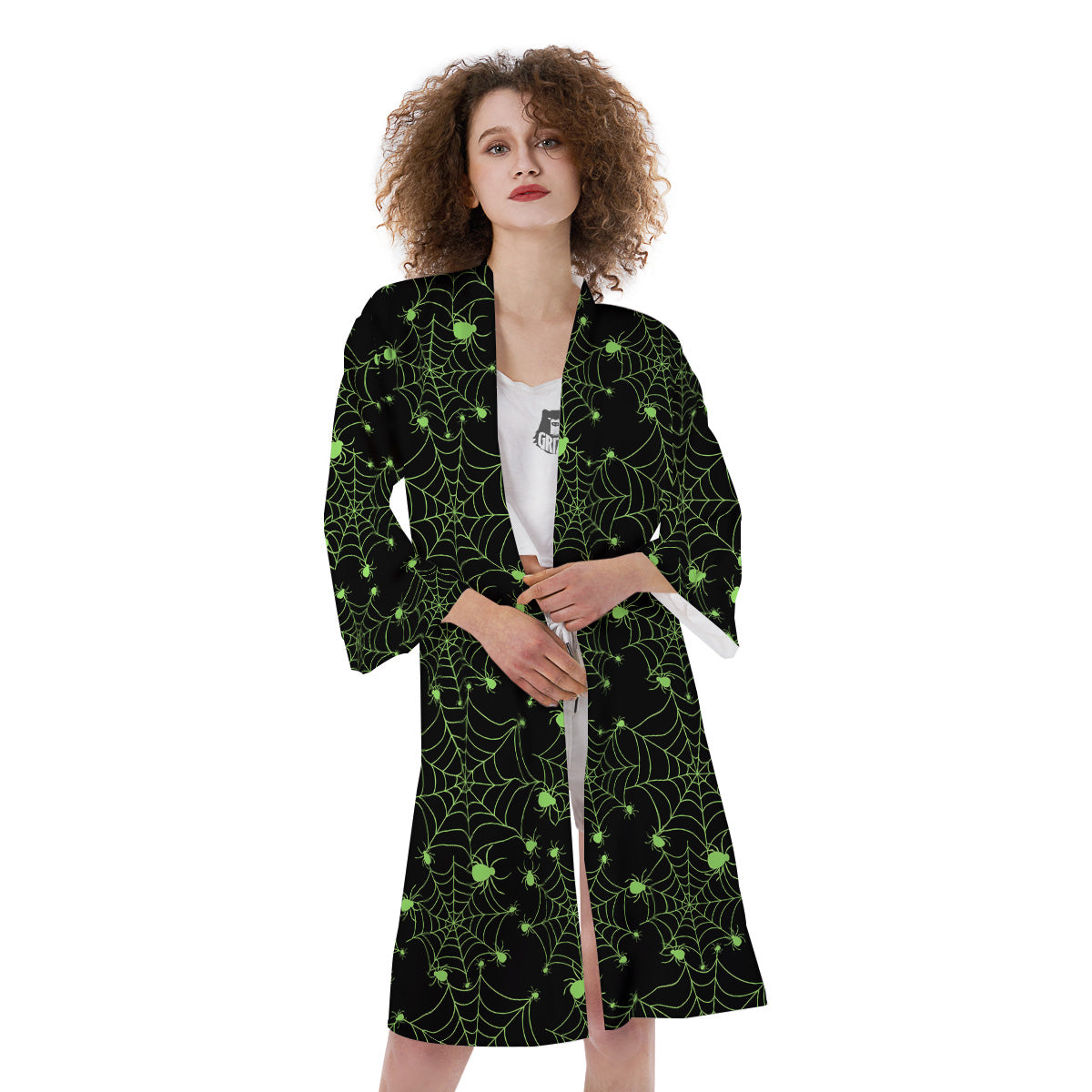 Spider Black And Green Neon Spider Web Print Pattern Kimono-grizzshop