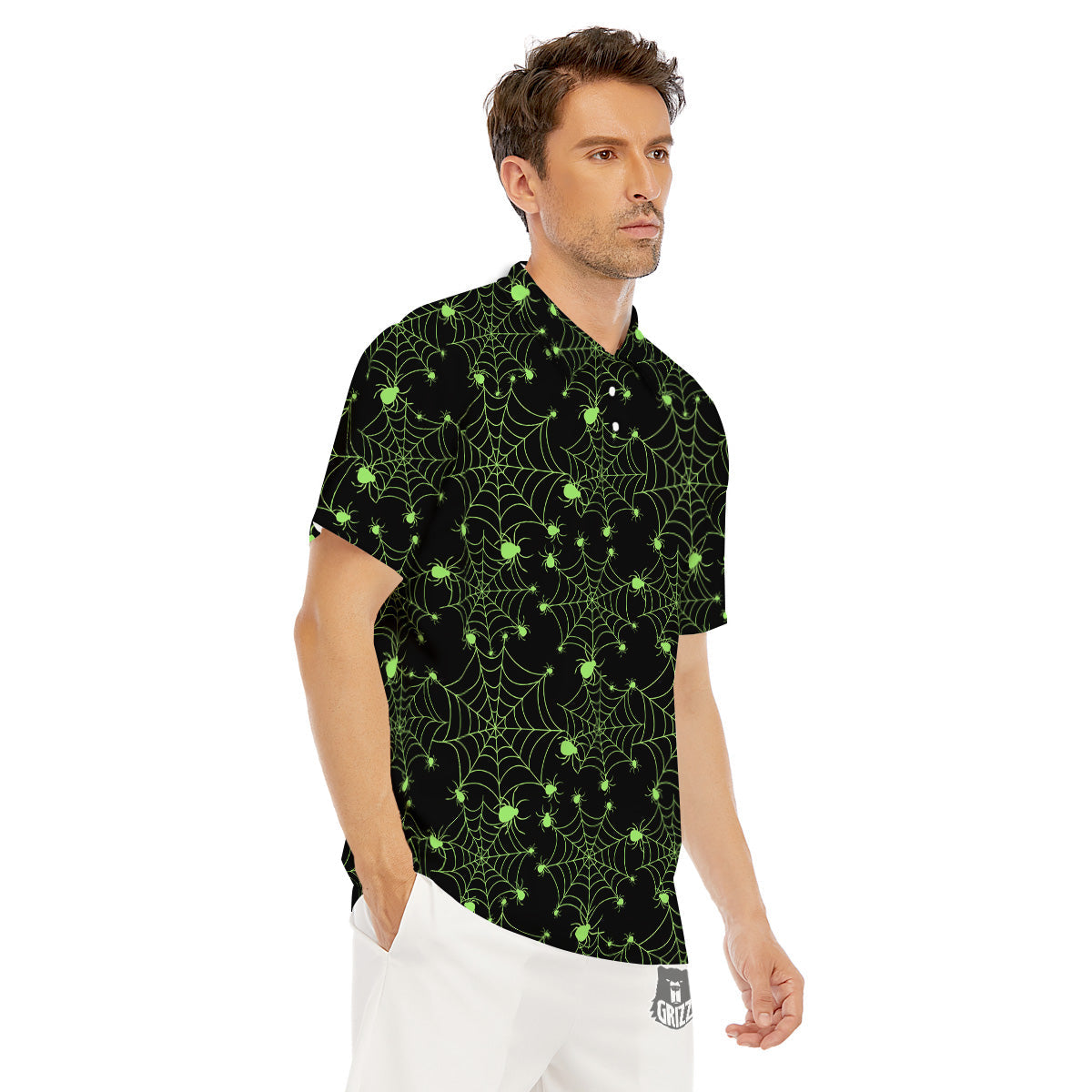 Spider Black And Green Neon Spider Web Print Pattern Men's Golf Shirts-grizzshop
