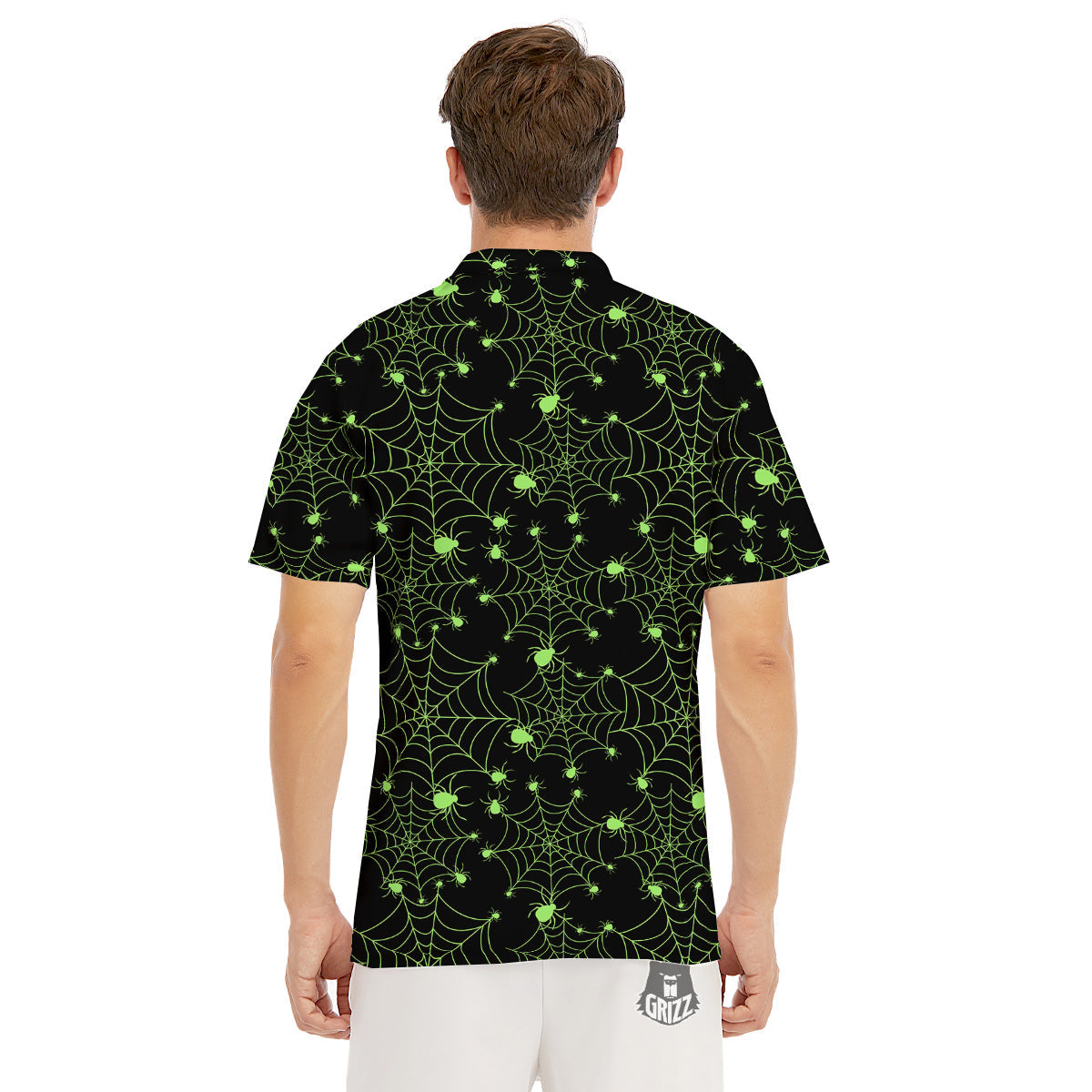 Spider Black And Green Neon Spider Web Print Pattern Men's Golf Shirts-grizzshop
