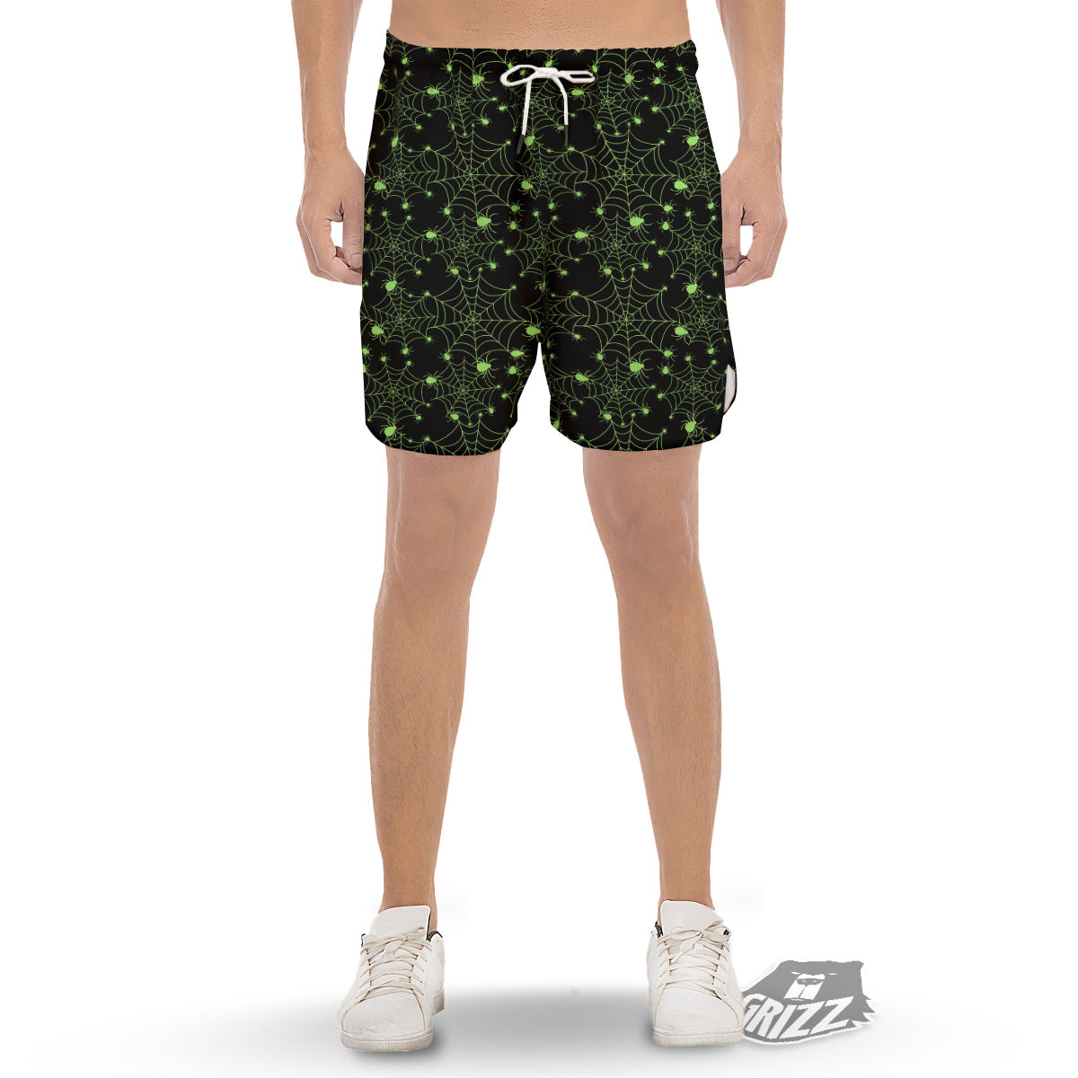 Spider Black And Green Neon Spider Web Print Pattern Men's Gym Shorts-grizzshop