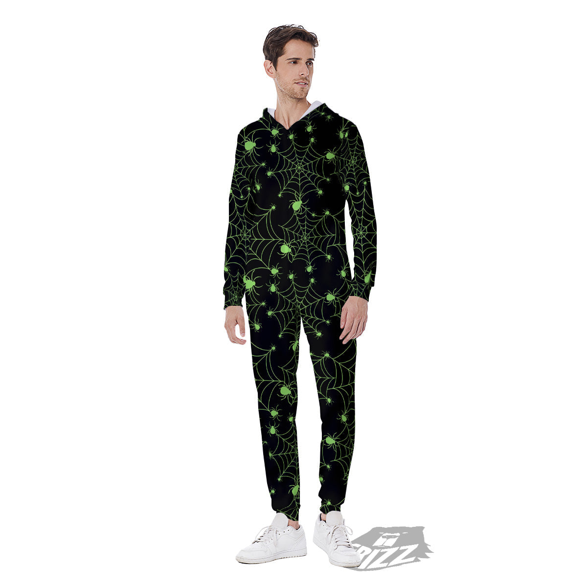 Spider Black And Green Neon Spider Web Print Pattern Men's Jumpsuit-grizzshop