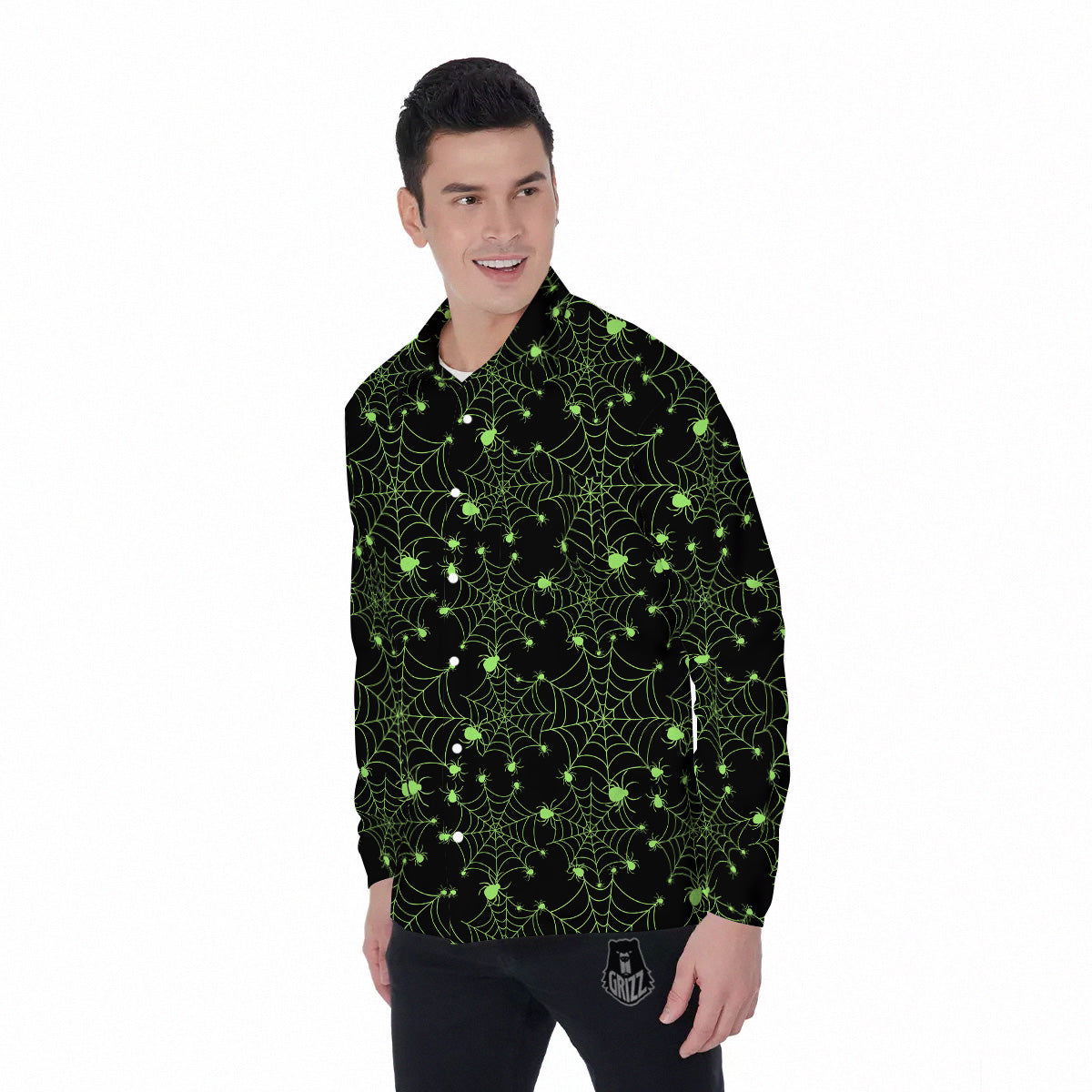 Spider Black And Green Neon Spider Web Print Pattern Men's Long Sleeve Shirts-grizzshop