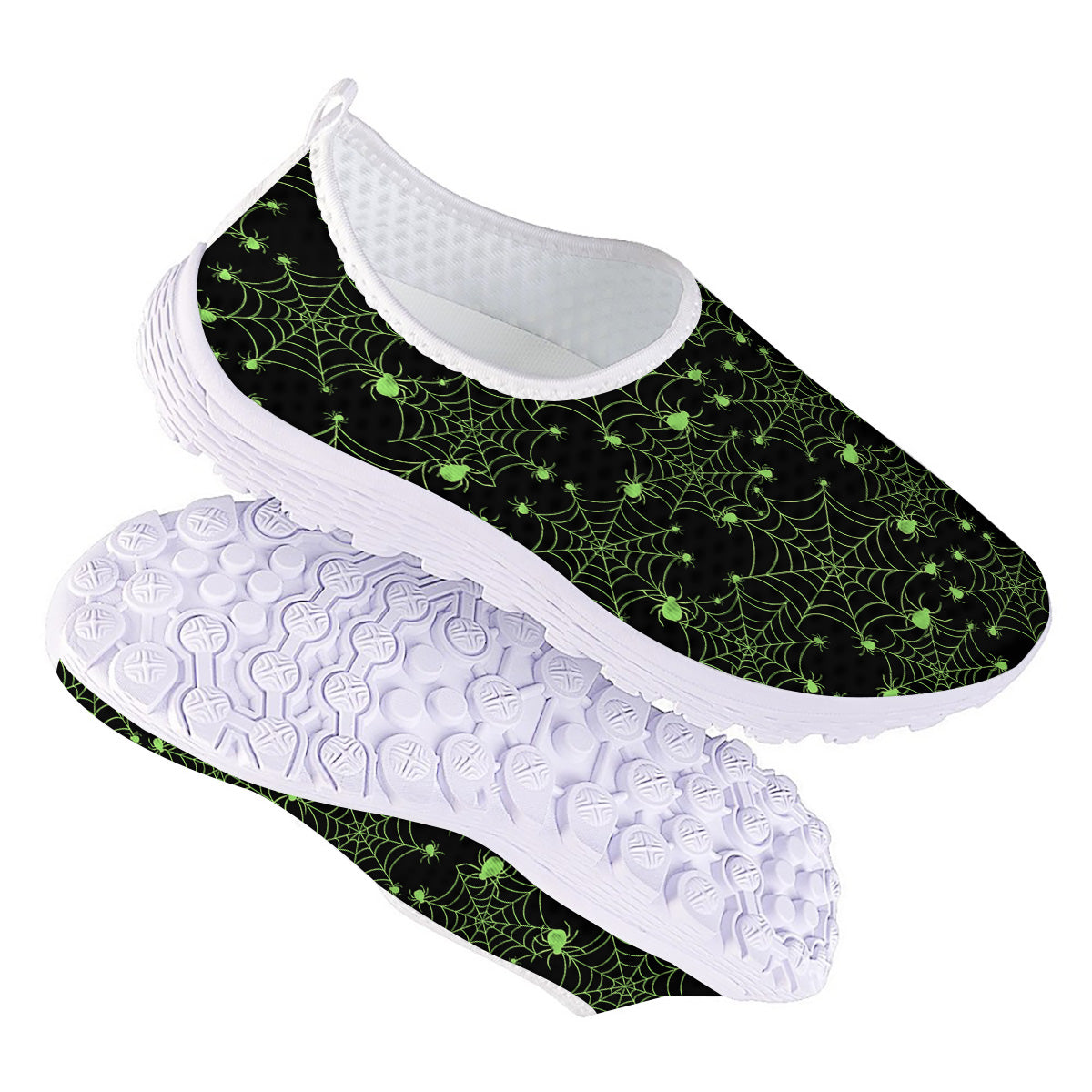 Spider Black And Green Neon Spider Web Print Pattern Nurse Shoes-grizzshop
