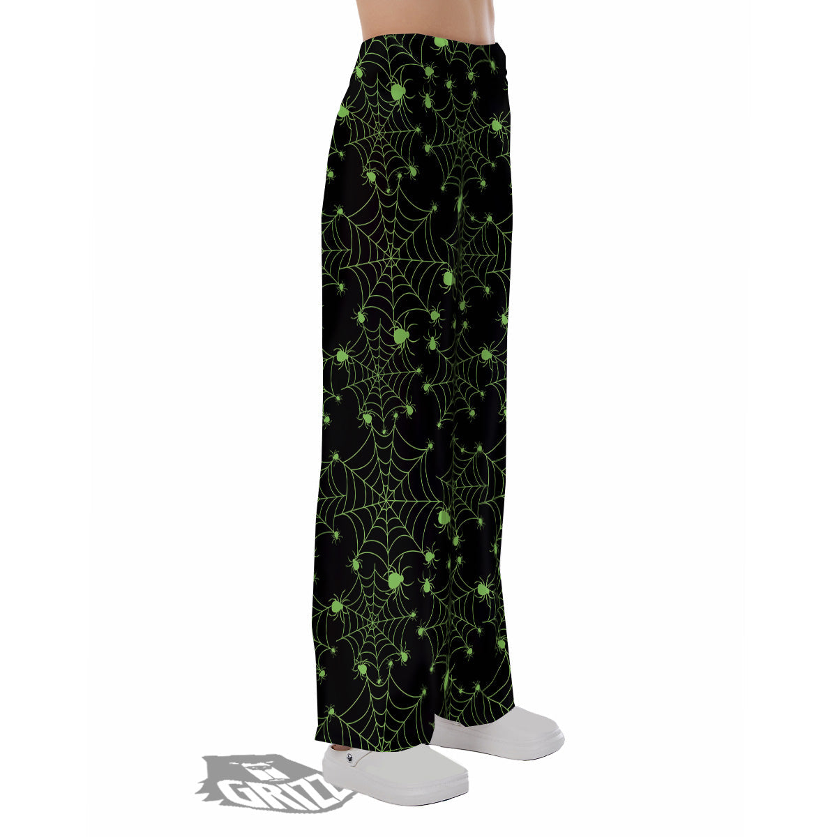 Spider Black And Green Neon Spider Web Print Pattern Pajama Pants-grizzshop