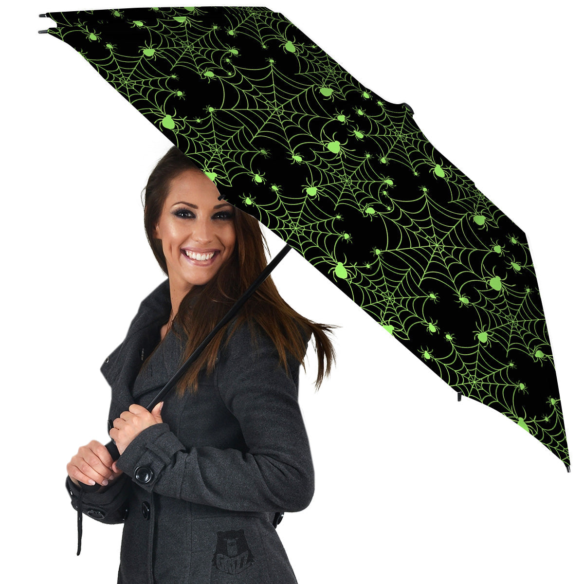 Spider Black And Green Neon Spider Web Print Pattern Umbrella-grizzshop