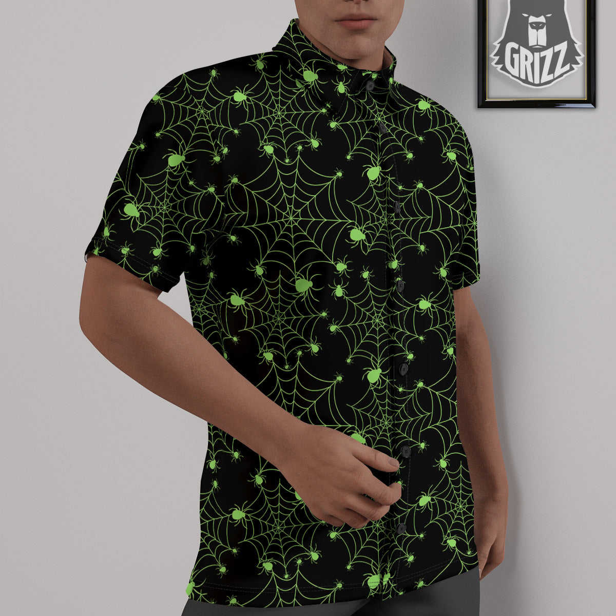 Spider Black And Green Neon Spider Web Print Pattern Untucked Shirts-grizzshop