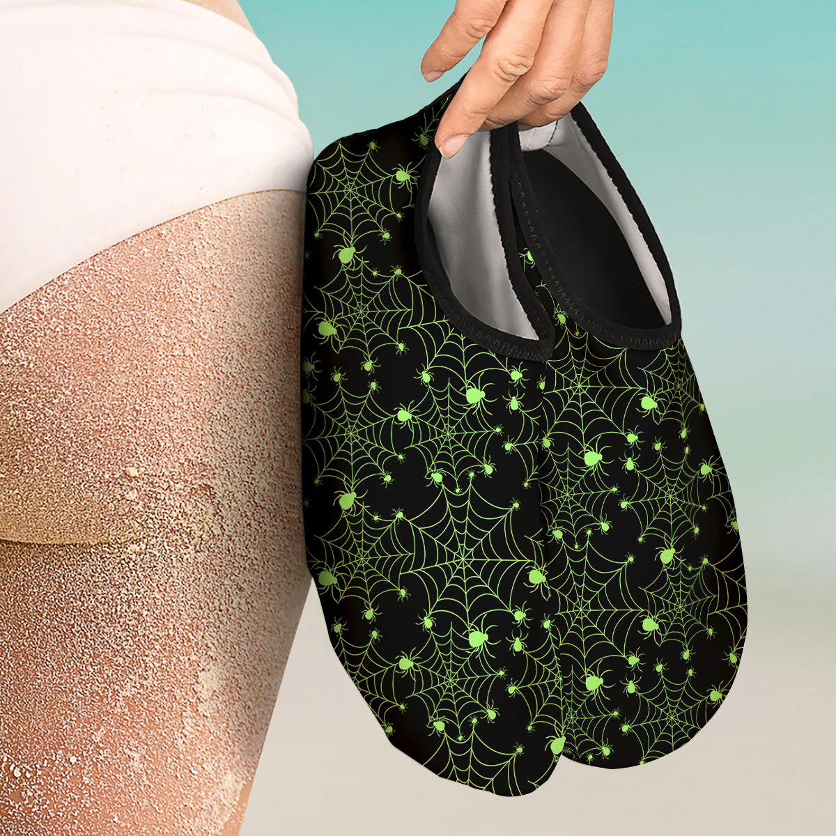 Spider Black And Green Neon Spider Web Print Pattern Water Shoes-grizzshop