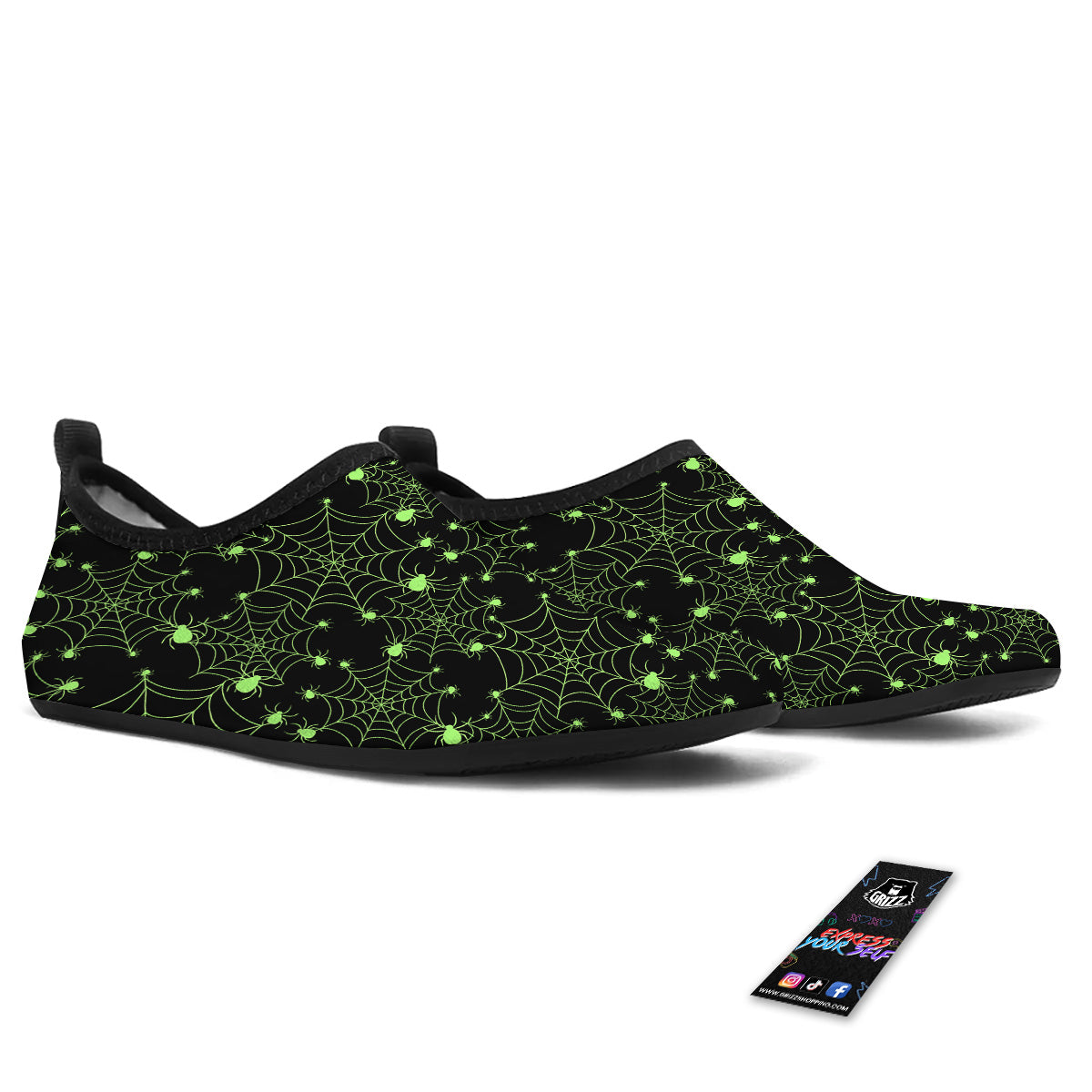 Spider Black And Green Neon Spider Web Print Pattern Water Shoes-grizzshop