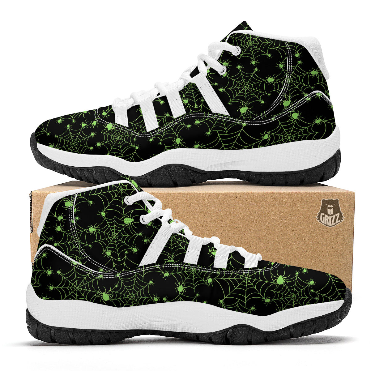 Spider Black And Green Neon Spider Web Print Pattern White Bball Shoes-grizzshop
