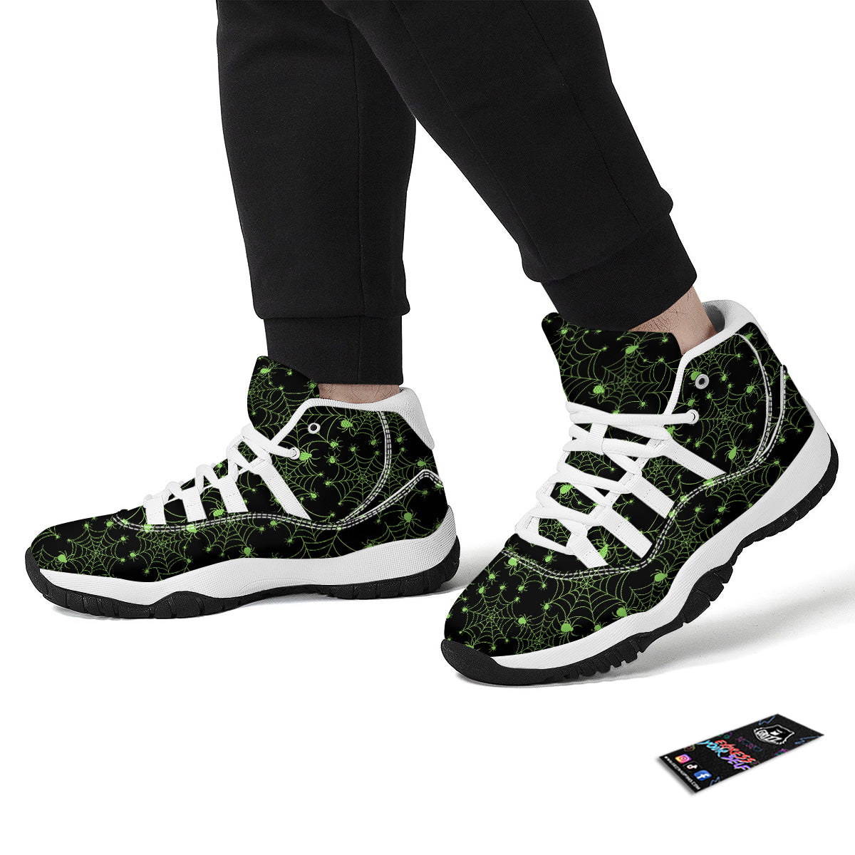 Spider Black And Green Neon Spider Web Print Pattern White Bball Shoes-grizzshop