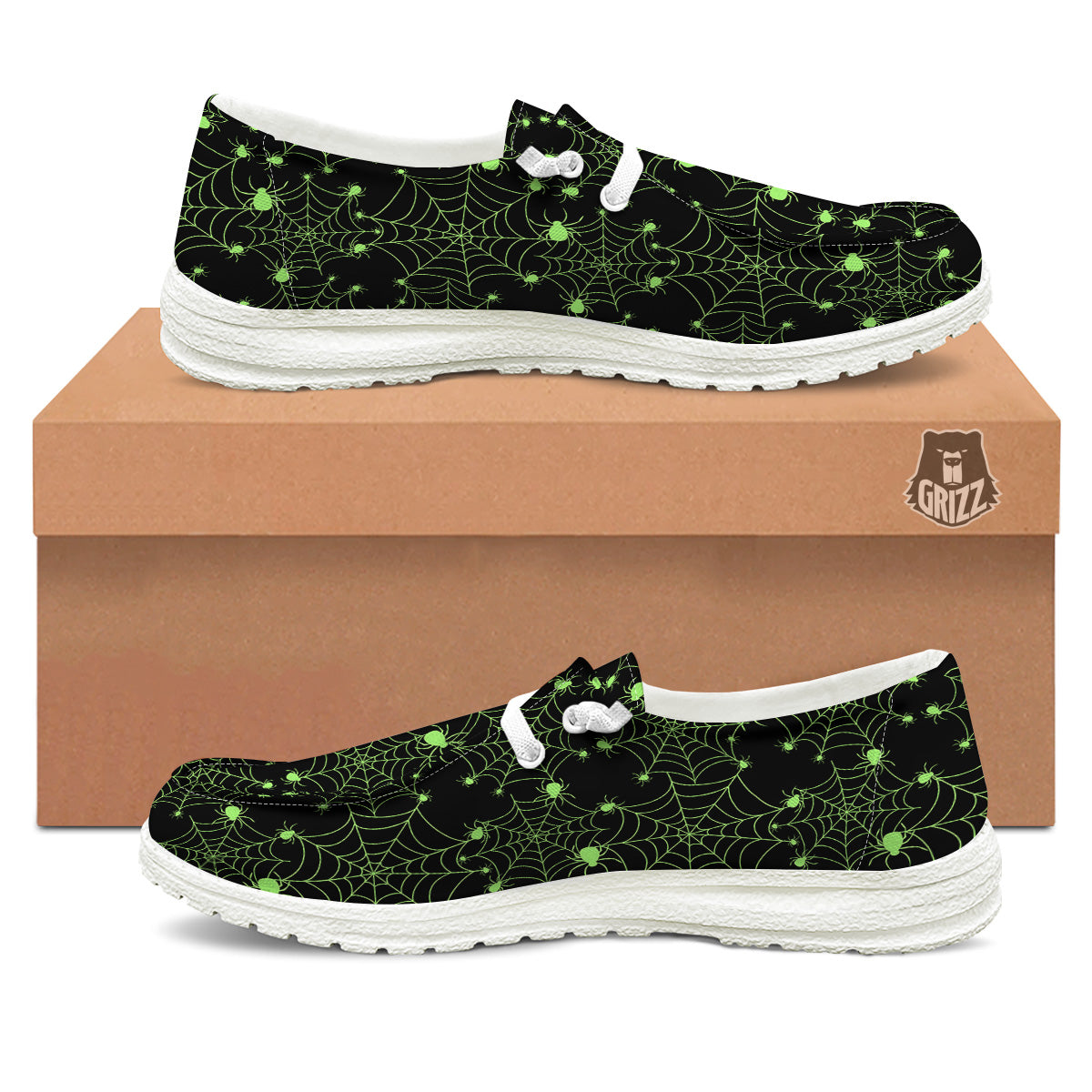 Spider Black And Green Neon Spider Web Print Pattern White Loafers-grizzshop