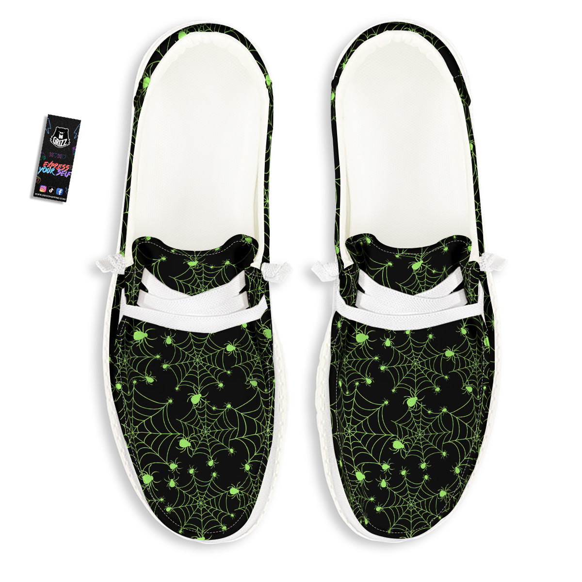 Spider Black And Green Neon Spider Web Print Pattern White Loafers-grizzshop