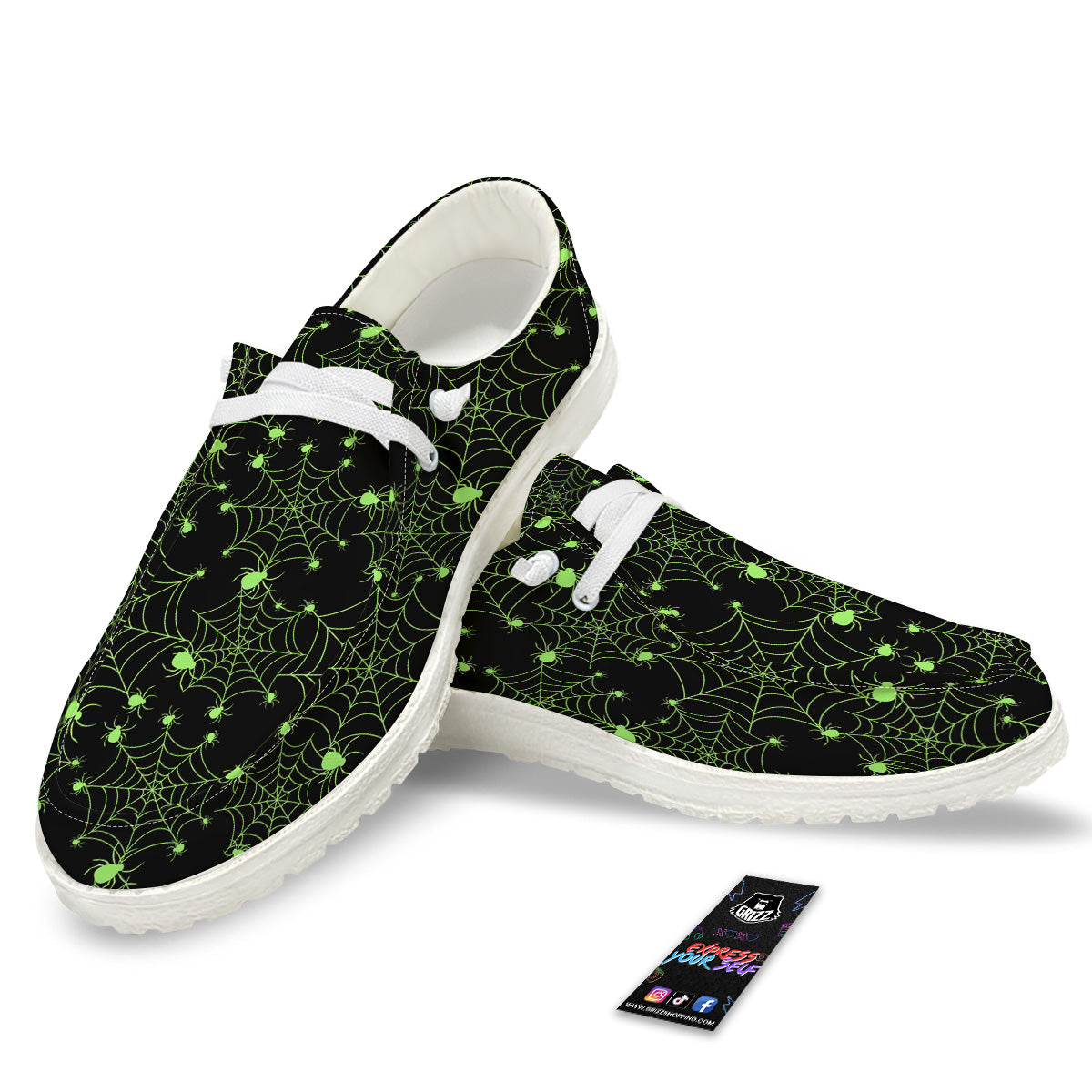 Spider Black And Green Neon Spider Web Print Pattern White Loafers-grizzshop